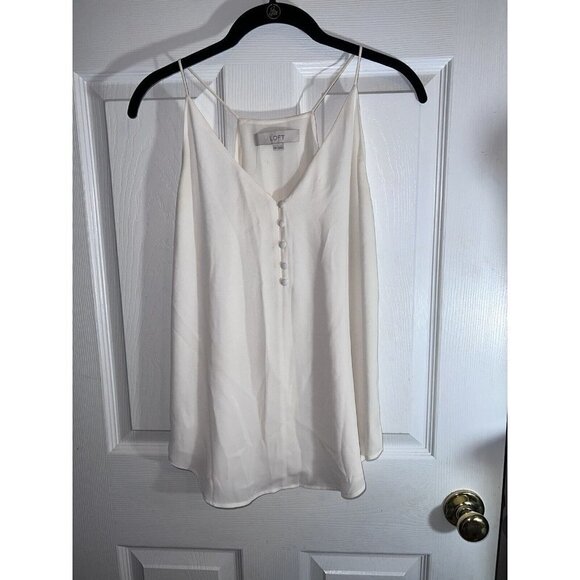 LOFT Off White Sleeveless V-Neck Spaghetti Strap Button Detail Flowy Top Sz XS - Picture 2 of 7